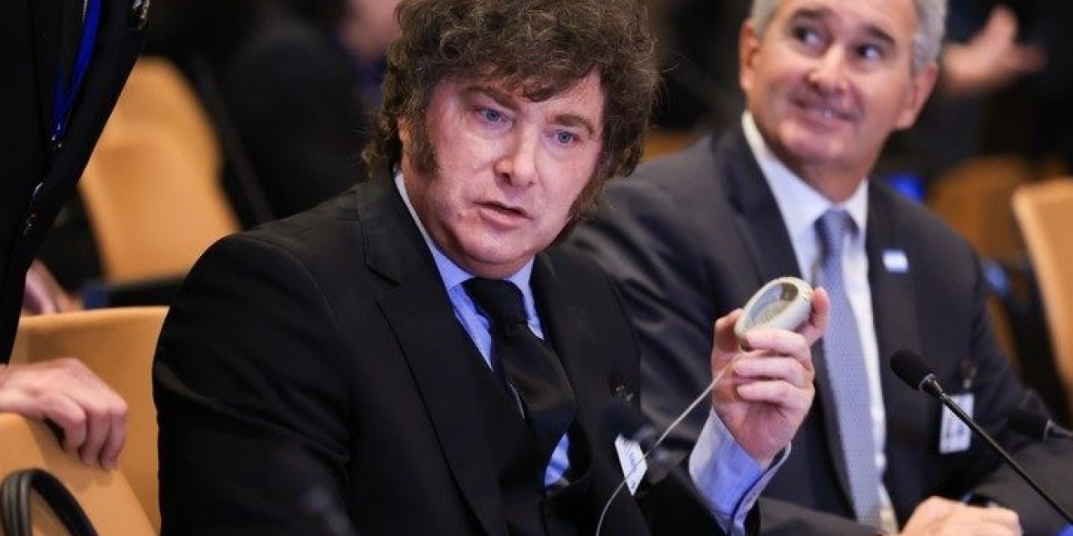 Milei en la reunión del Escudo de las Américas. 